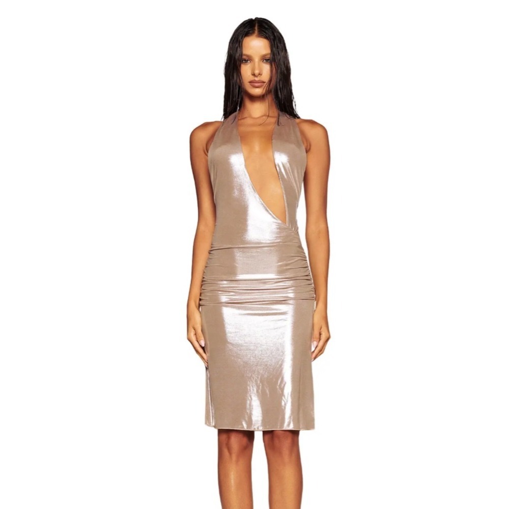 I.AM.GIA Irie Midi Dress Grey‎ Silver Shimmer Metallic Plunge Cutout XL Women's